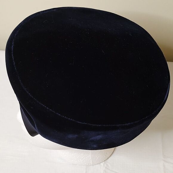 Vintage Navy Blue Velvet Hat Silk Bow - Picture 3 of 5